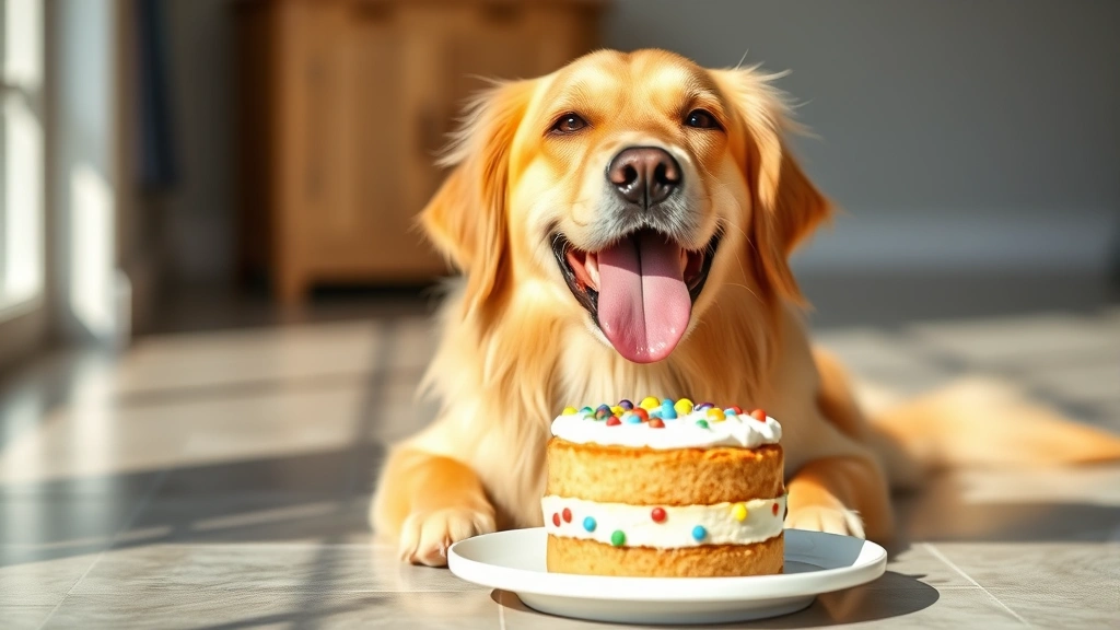 dog cakes near me - A happy golden retriever with tongue out, sitting in front of a small colorful d