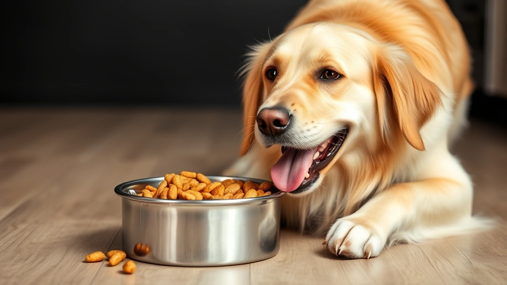 dog chow - A cheerful golden retriever eating from a stainless steel bowl filled with kibbl