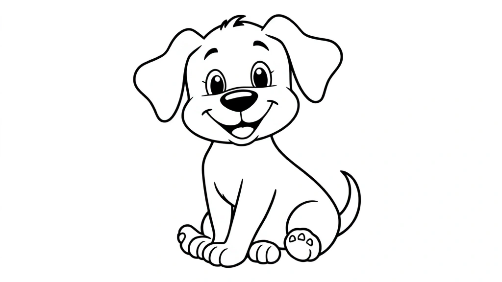 dog coloring pages - A cheerful cartoon puppy with floppy ears and a big smile, sitting in a relaxed