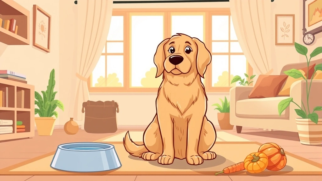 dog constipation - A cartoon illustration of a golden retriever sitting in a sunny living room with