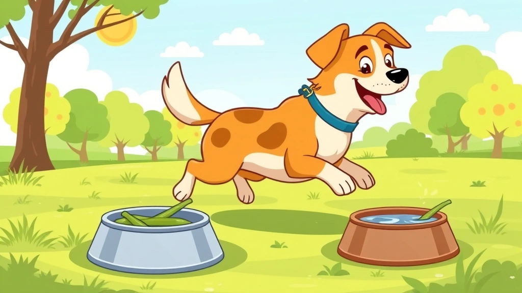 dog constipation - A cartoon illustration of a happy, healthy dog running and playing in a park wit