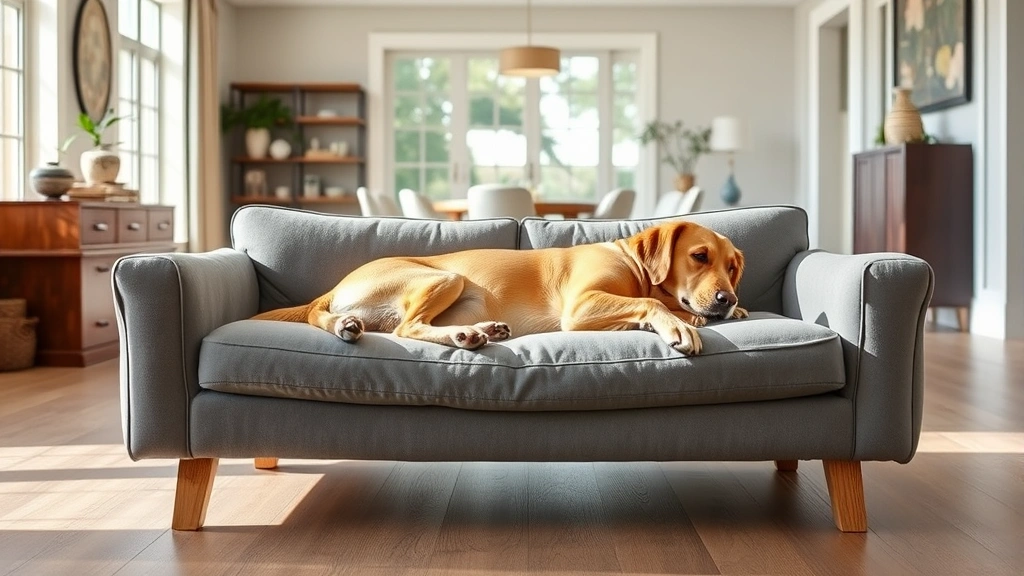 dog couch - A cozy, minimalist dog couch in soft gray microsuede with clean wooden legs, sho