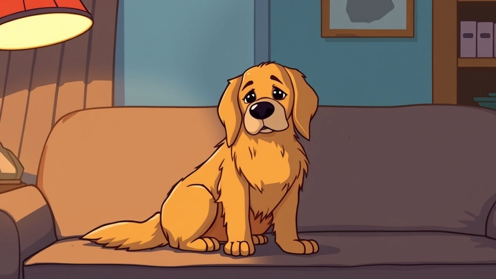 dog coughing - A cartoon golden retriever sitting on a couch looking slightly uncomfortable