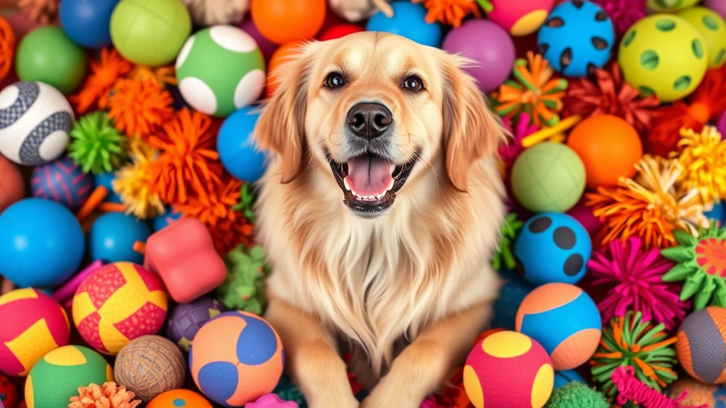 dog dick - A happy golden retriever surrounded by colorful dog toys of various types - ball