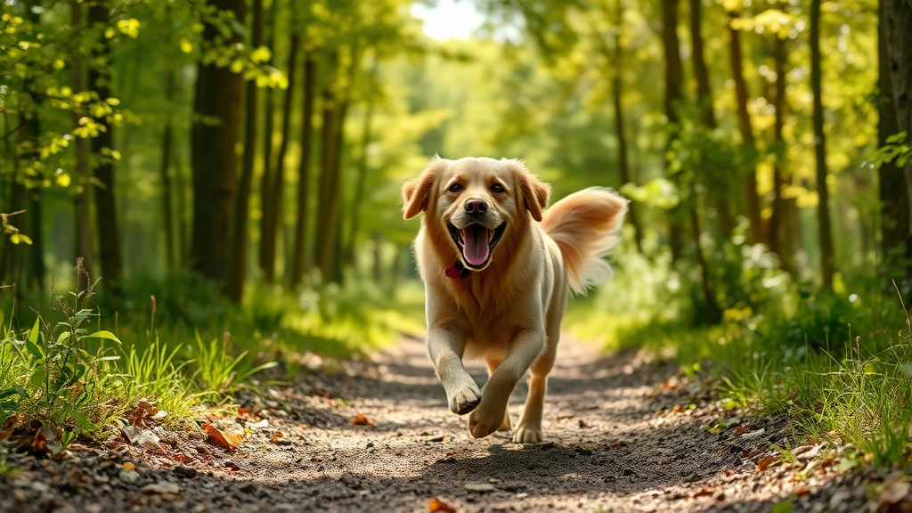 dog dog run - A happy golden retriever running joyfully through a sunny forest trail with gree