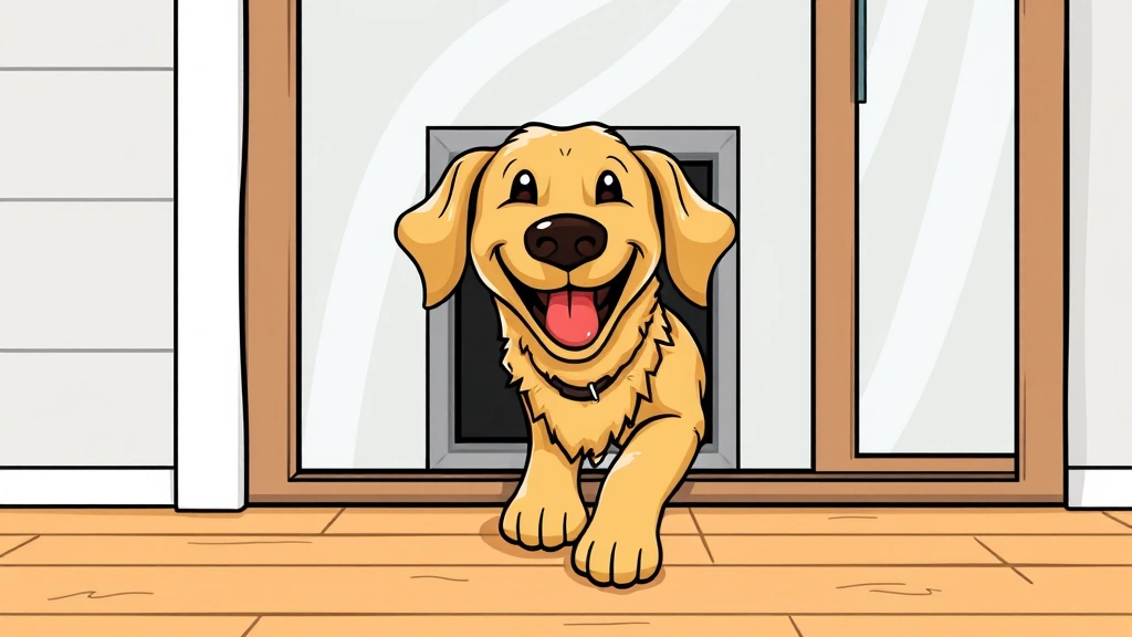 dog door for sliding glass door - Cartoon illustration of a happy golden retriever pushing through a dog door flap