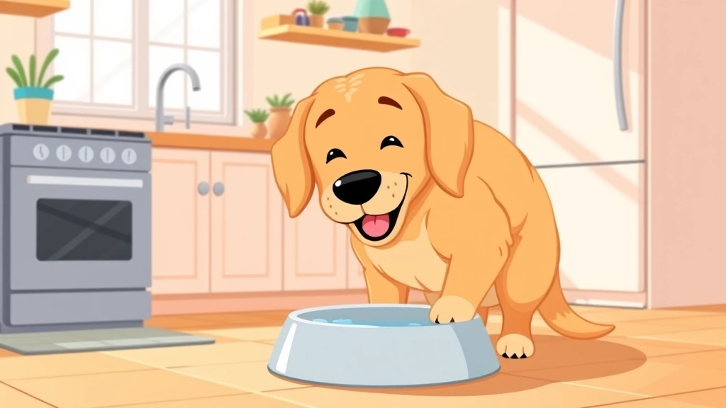 dog drinking a lot of water - Cartoon illustration of a golden retriever happily drinking from a water bowl in
