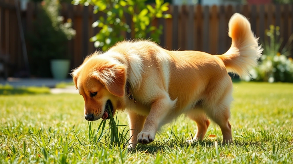 dog eating grass - A golden retriever happily munching grass in a sunny backyard, tail wagging, nat