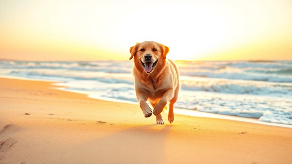 dog friendly beaches - A happy golden retriever running on sandy beach toward ocean waves, sunrise ligh