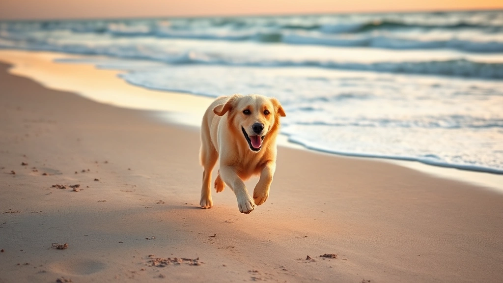 dog friendly beaches near me - A happy golden retriever running along a sandy beach at sunrise with waves in th