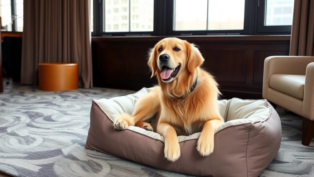 dog friendly hotels near me - A happy golden retriever sitting on a comfortable dog bed in a modern hotel room