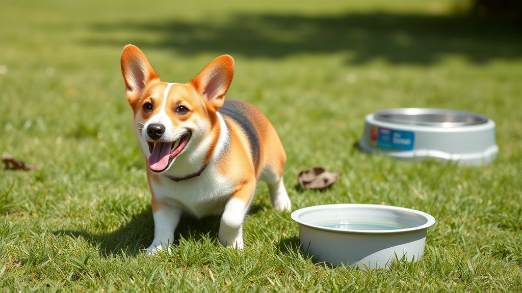 dog friendly hotels near me - A cheerful corgi playing in a grassy outdoor area with a water bowl nearby, brig
