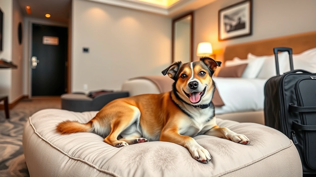 dog friendly hotels near me - A content mixed-breed dog relaxing on a plush bed next to luggage in a spacious