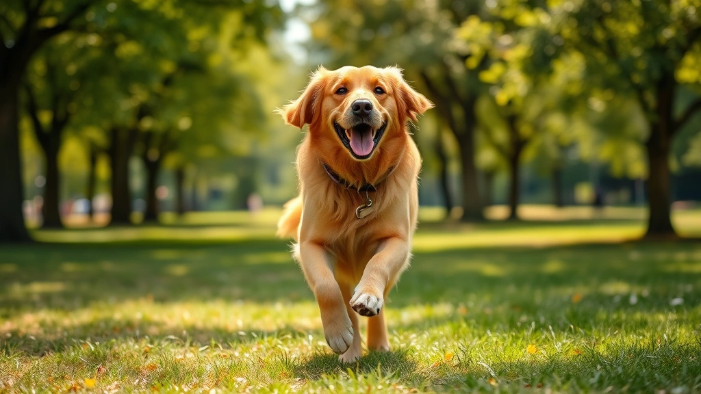 dog friendly places near me - A happy golden retriever running freely in a sunny park with trees and grass, no