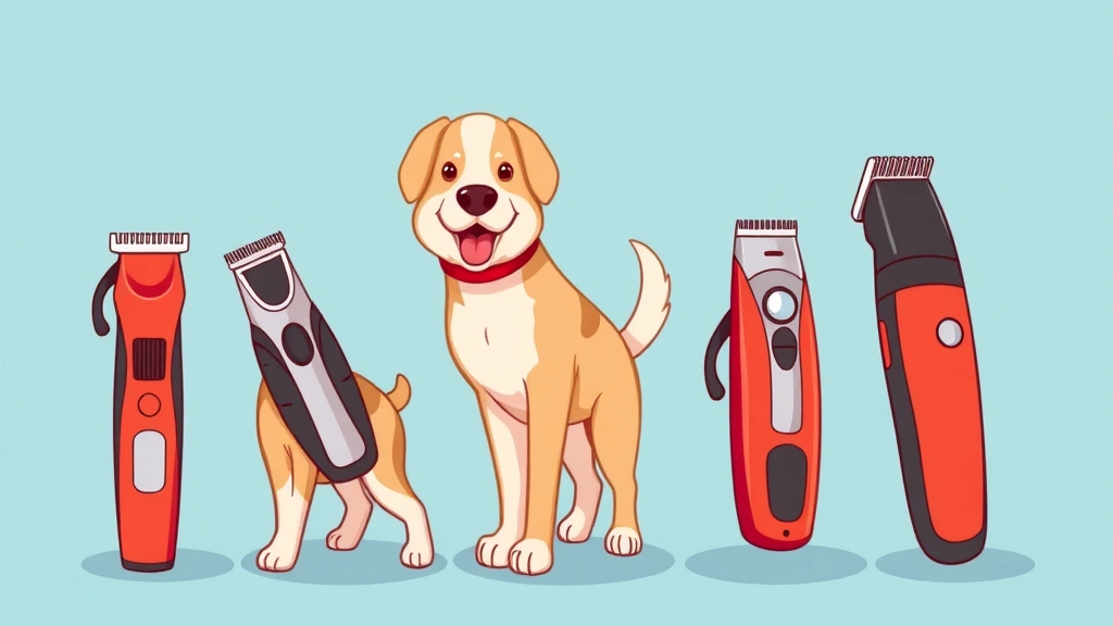 dog grooming clippers - Cartoon illustration of five different dog grooming clipper models arranged in a