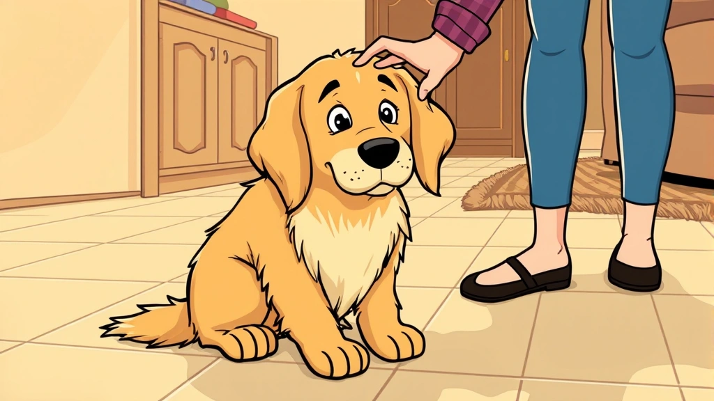 dog has diarrhea - Cartoon illustration of a friendly golden retriever sitting on a tile floor look