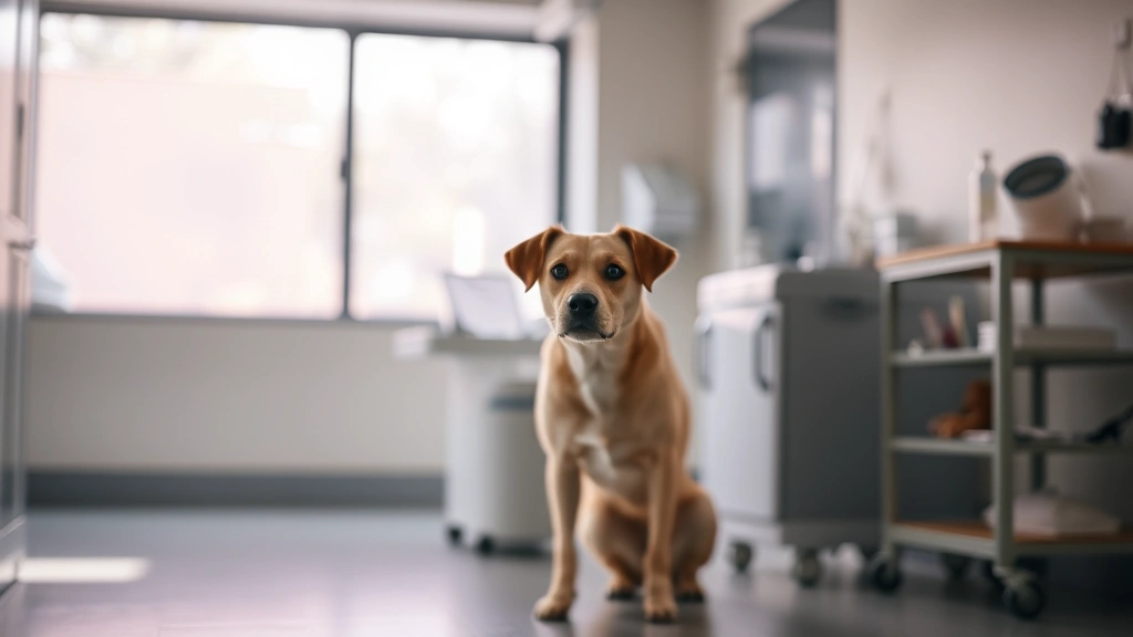 dog hot spot - against a light veterinary clinic background