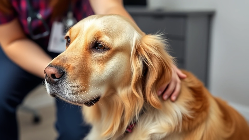 dog knot - A golden retriever sitting calmly while a veterinary technician gently examines