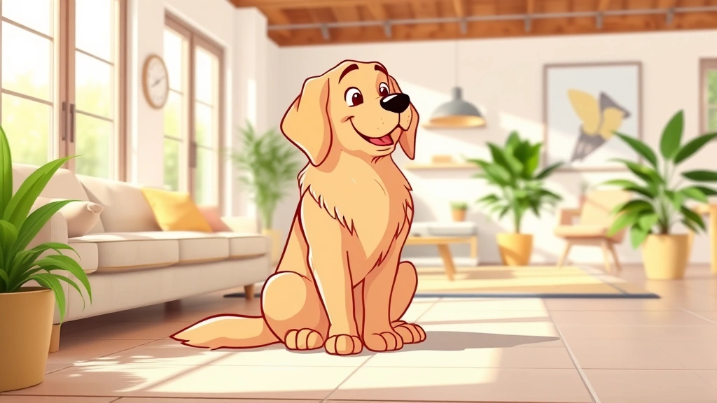 dog licking paws - A cartoon golden retriever sitting calmly with one paw visible, looking relaxed