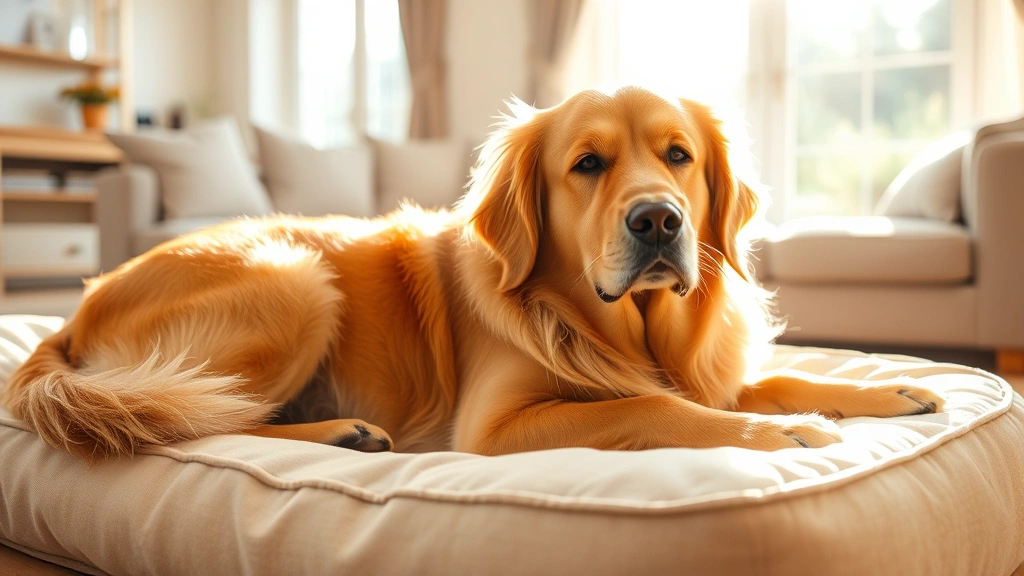 dog liver illness - A golden retriever lying comfortably on a soft bed in a bright, warm living room