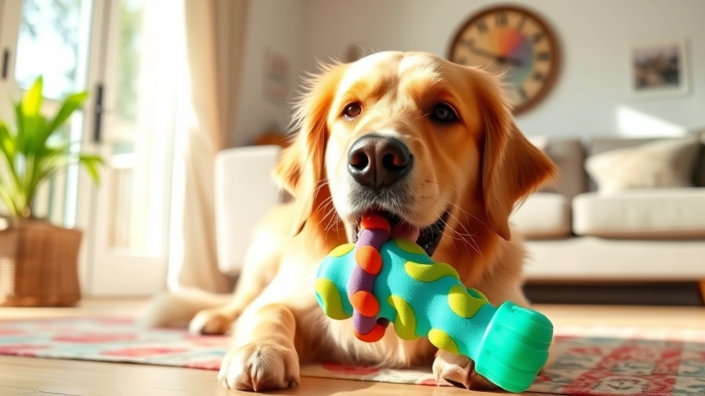 dog man toys - A playful golden retriever happily chewing on a colorful rubber toy in a sunny l