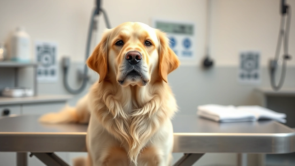 dog mange - A friendly Golden Retriever sitting calmly at a veterinary clinic exam table wit