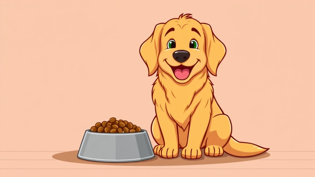 dog on food - Cartoon illustration of a happy golden retriever sitting in front of a food bowl