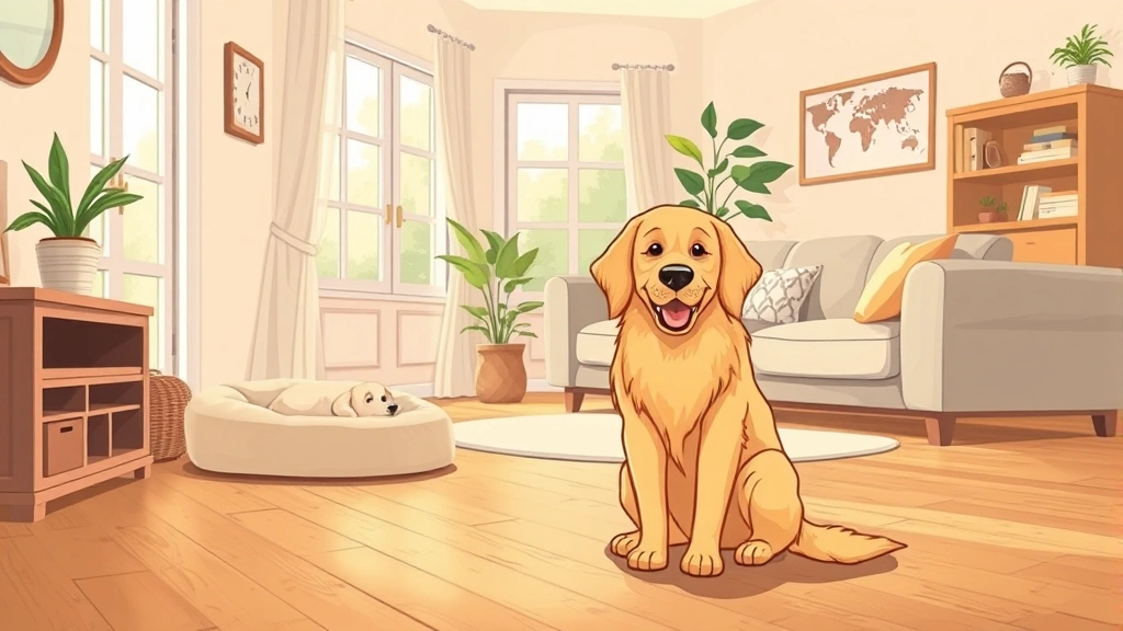 dog on house - A cartoon golden retriever sitting contentedly in a cozy home interior with hard