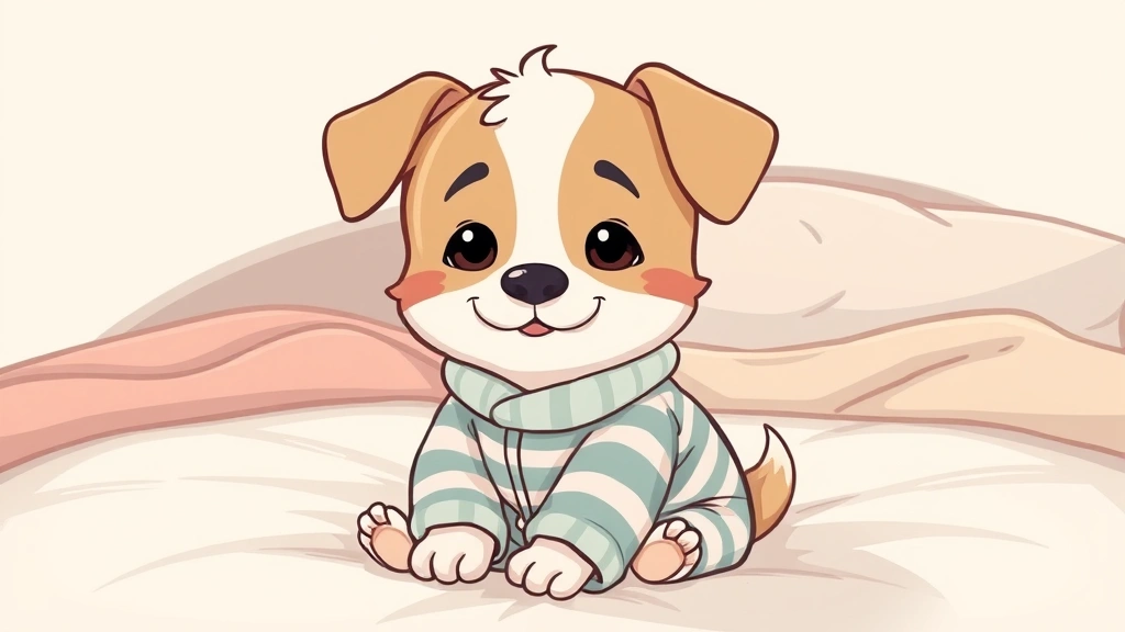 dog pajamas - Cartoon illustration of a small dog wearing cozy striped pajamas, sitting conten