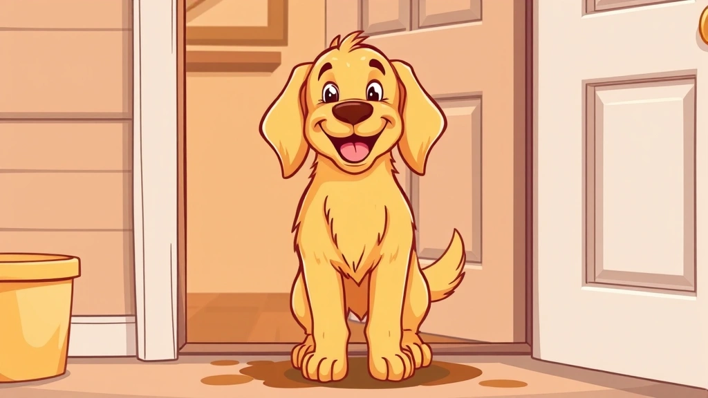 dog paw cleaner - cartoon illustration of a happy golden retriever with muddy paws standing at a d