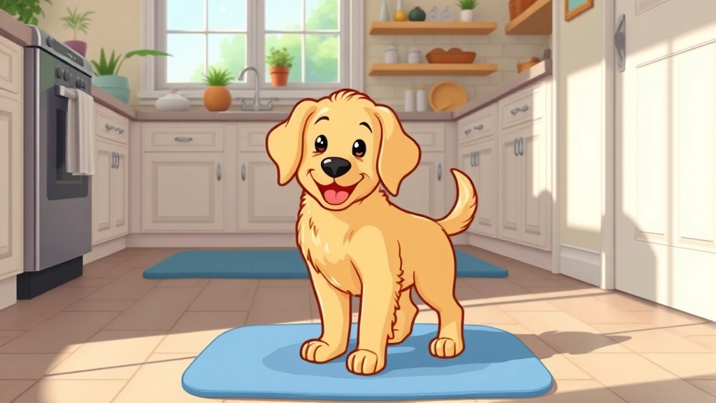 dog pee pads - Cartoon illustration of a happy golden retriever puppy standing on a blue pee pa