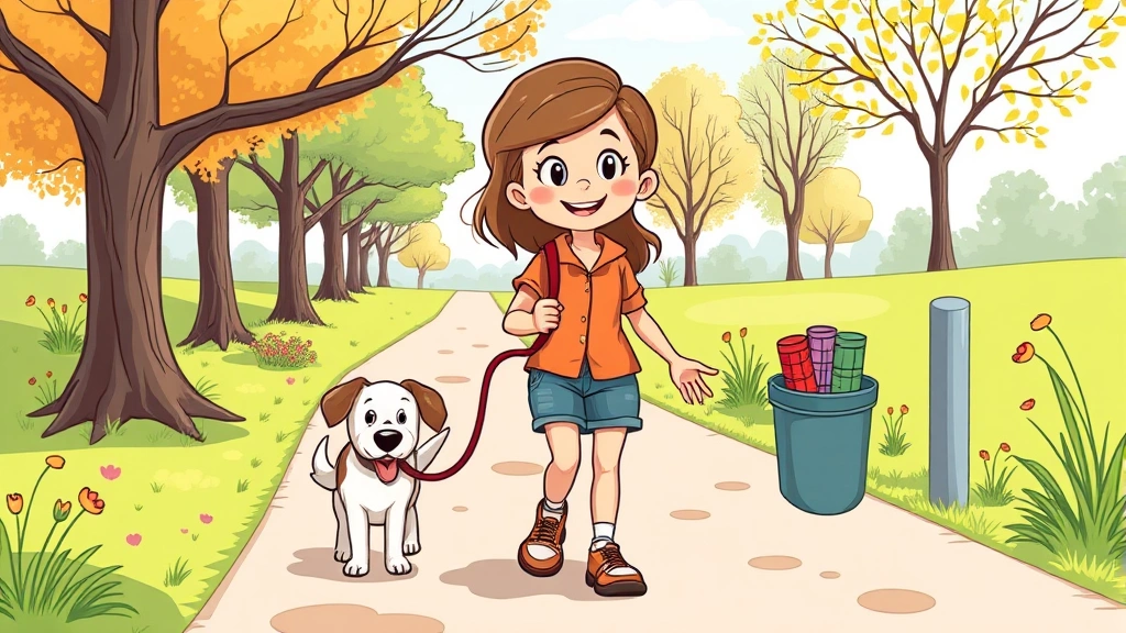 dog poop bags - Cartoon illustration of a cheerful dog walker with a friendly smile holding a le