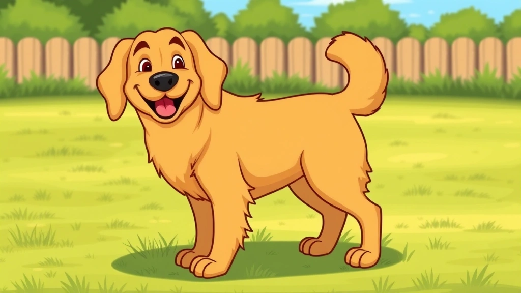 dog pooping - A cartoon golden retriever standing in a grassy yard with a happy expression, mi