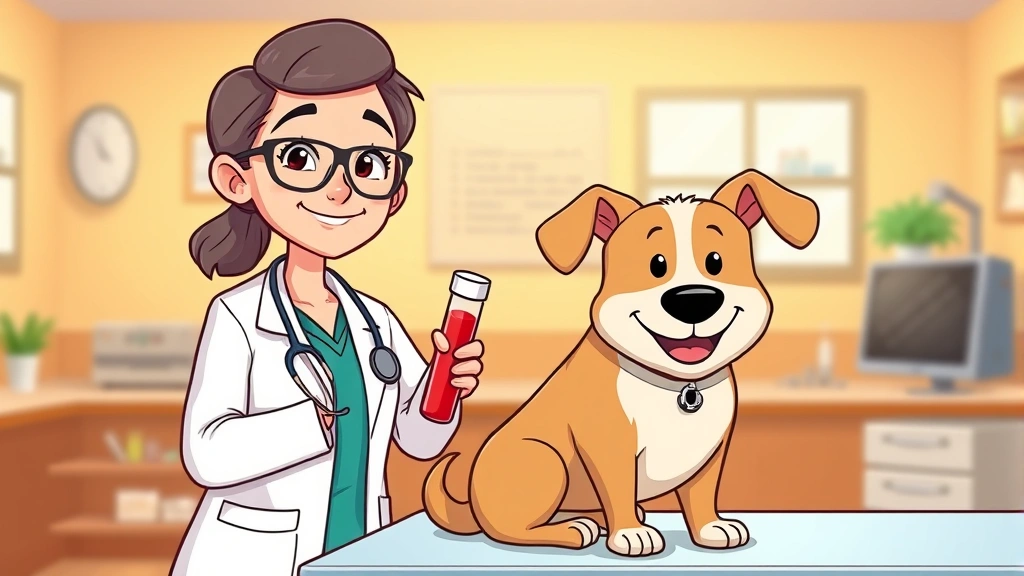 dog pregnancy test - A cartoon illustration of a veterinarian holding a blood sample vial with a rela