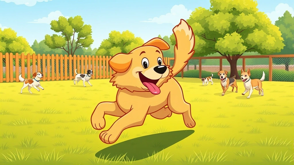 dog run - A cartoon illustration of a happy golden retriever running freely in a sunny fen