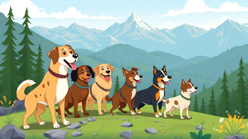 dog run run -
Group of diverse dog breeds hiking on a mountain 