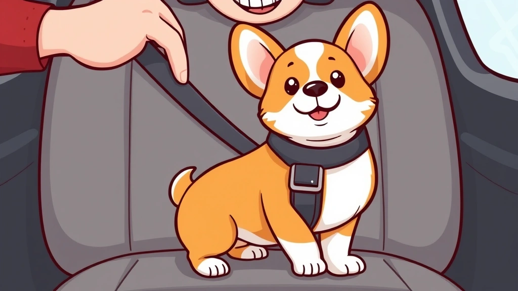 dog seat belt -
Cute cartoon illustration of a small corgi puppy being fitted with a properly a