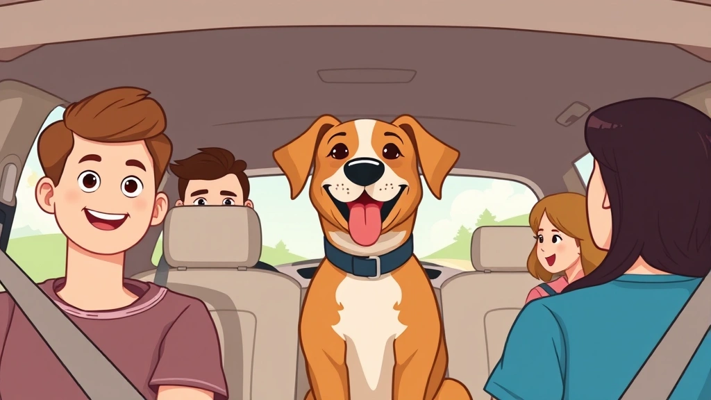 dog seat belt -
Vector cartoon image of a family road trip scene with a happy dog properly secu