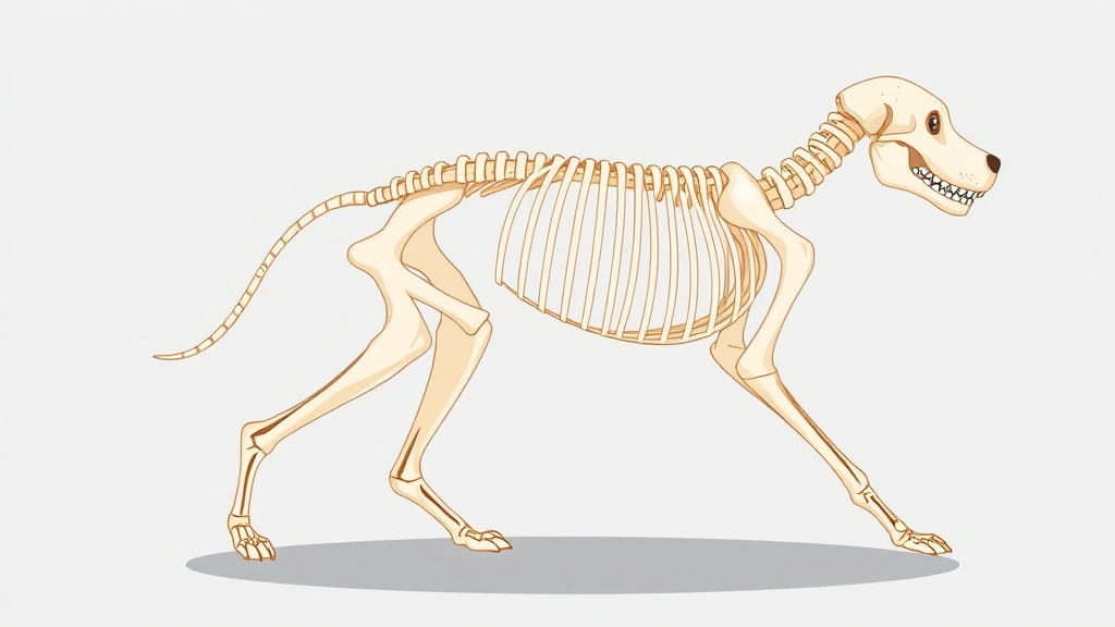 dog skeleton - Cartoon illustration of a dog skeleton in profile view, showing all major bones