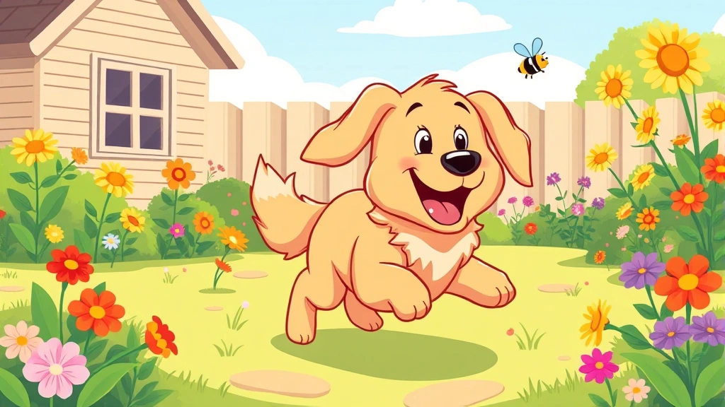 dog stung by bee - Cartoon illustration of a happy golden retriever playing in a sunny backyard wit