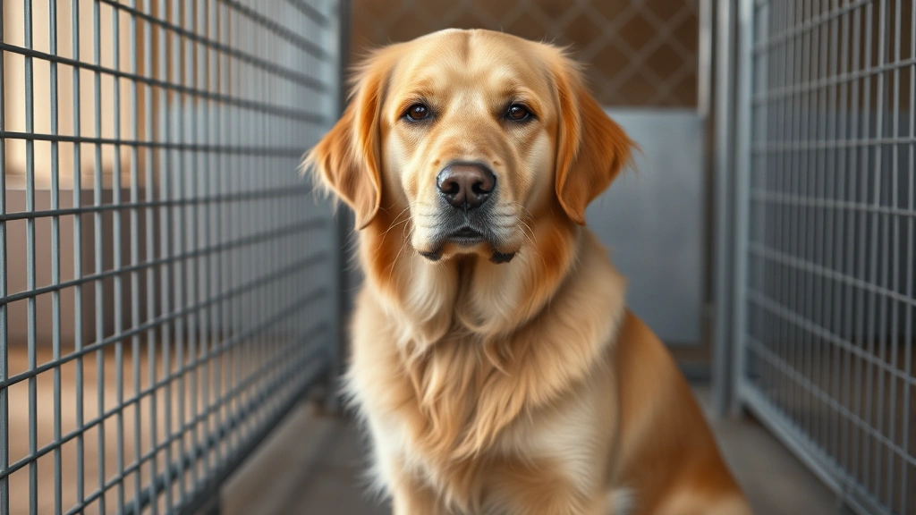 dog surrendered with wedding ring - Golden retriever with gentle expression sitting in shelter kennel, soft natural