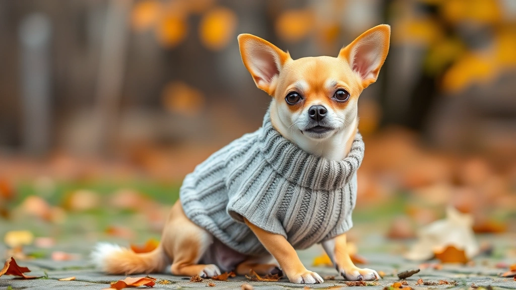 dog sweater - A small tan Chihuahua sitting outdoors on a cold day, wearing a cozy knit sweate