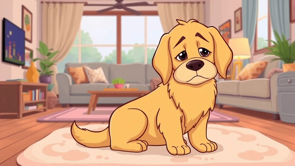 dog throwing up yellow - Cartoon illustration of a cute golden retriever with a gentle, slightly uncomfor