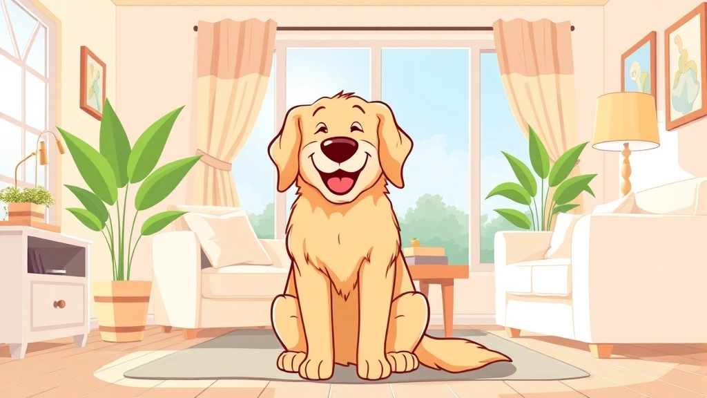 frontline plus for dogs - Cartoon illustration of a happy golden retriever sitting calmly in a sunny livin
