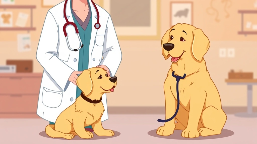 heart murmur in dogs - A cartoon illustration of a golden retriever sitting calmly at a veterinary clin