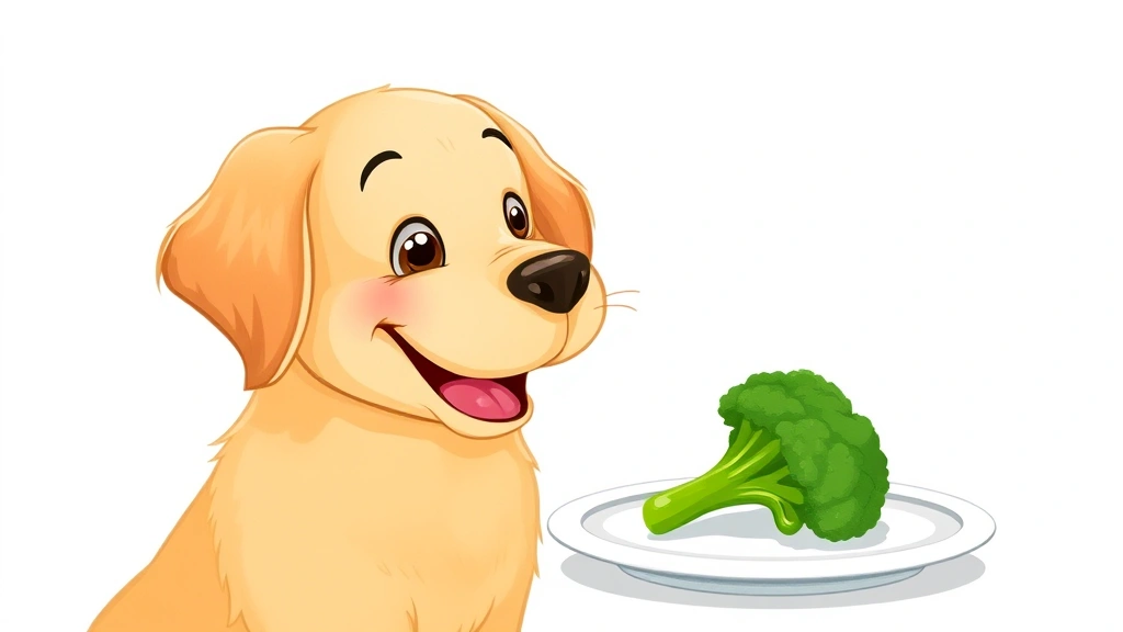is broccoli good for dogs - Cartoon illustration of a happy golden retriever looking at a bright green brocc