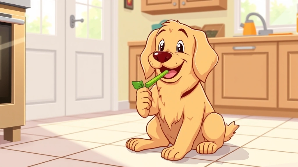 is celery good for dogs - A golden retriever happily chewing on a piece of celery, sitting on a kitchen ti