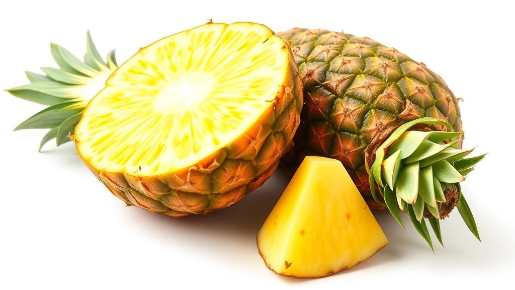 is pineapple good for dogs - Vibrant fresh pineapple fruit cut in half showing bright yellow flesh on white b
