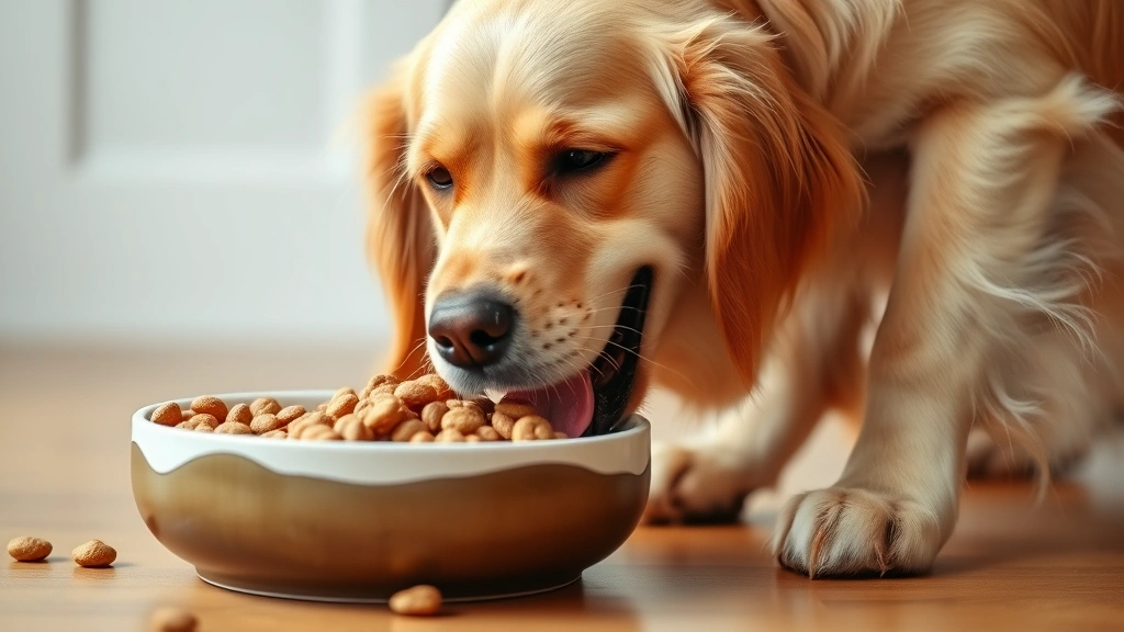 katherine heigl dog food - A happy golden retriever eating from a ceramic bowl filled with kibble
