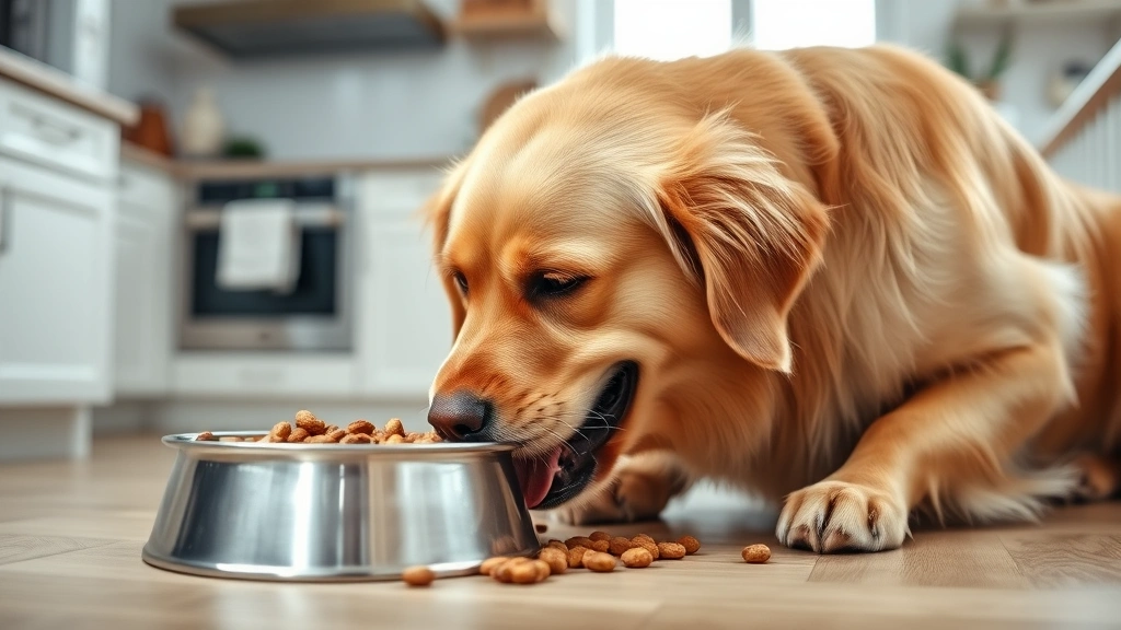 kirkland dog food - A happy golden retriever eating kibble from a stainless steel bowl in a bright k
